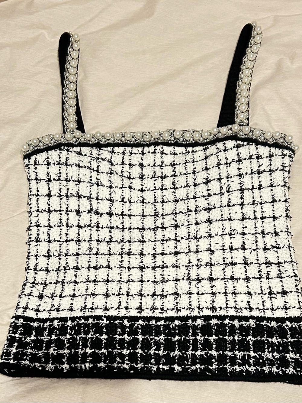 Alice + Olivia Black & White Pearl-Trim Tweed Cami
